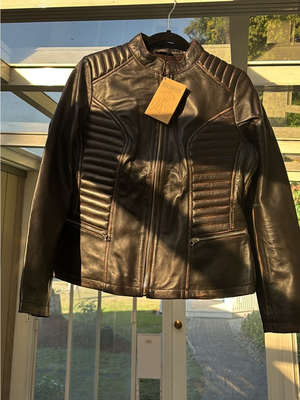 Ladies Large Leather Moto Jacket - distressed brown. NWT